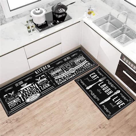 Comfort Cushioned Black Kitchen Rug Mat Set, Non-Slip, Washable, Black ...