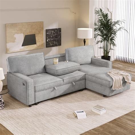 Upholstery Sleeper Sectional Sofa with Storage and 2 Cup Holder, Modern ...