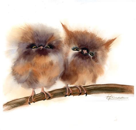 Two Owls Painting ORIGINAL Watercolor Cute Babies Bird Artwork Couple ...