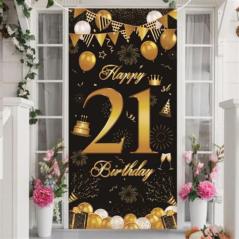 Buy 21st Birthday Banner for Him, Black Gold 21st Birthday Backdrop Banner Door Decoration, 21st ...