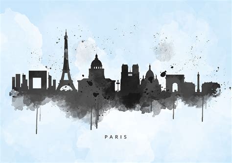 Paris Skyline Canvas, Black & White, Blue Background, Cityscape, Watercolour Box Canvas Print ...