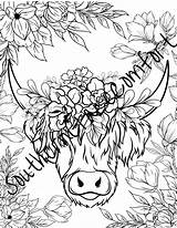 Printable Highlander Cow Coloring Sheet Floral Page  Etsy sketch template