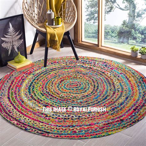 4 ft Bohemian Round Natural Jute Chindi Area Rug - RoyalFurnish.com