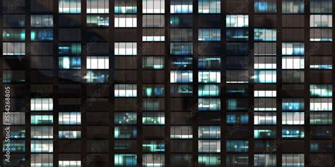 Seamless skyscraper facade with windows and blinds at night. Modern ...