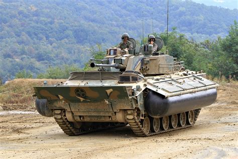 K21 Infantry Fighting Vehicle of the Republic of Korea Army demonstrating its inflatable "tubes ...