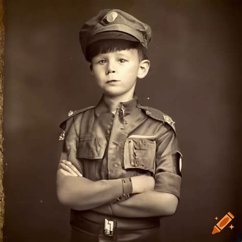 Vintage photograph of a young boy in a security guard uniform