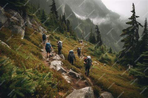 Premium Photo | A group of people hiking on a mountain trail with a ...