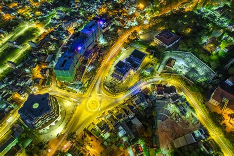 Aerial View of Da Lat City Night Beautiful Tourism Destination in Central Highlands Vietnam ...