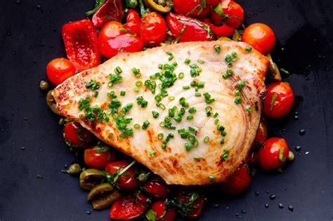 Pan-Seared Swordfish with Cherry Tomatoes, Roasted Peppers, Olives & Capers - Marx Foods Blog