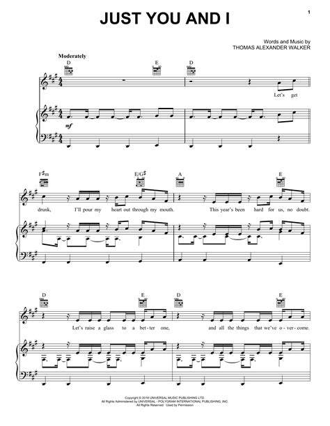 Just You And I by Tom Walker Sheet Music for Piano, Vocal & Guitar Chords (Right-Hand Melody) at ...