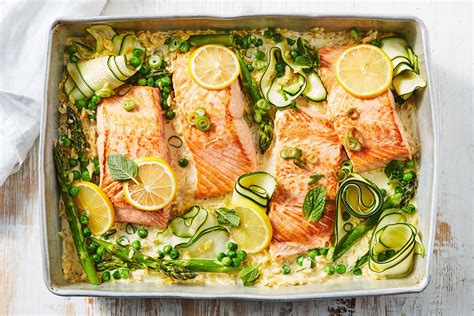 Creamy lemon salmon tray bake