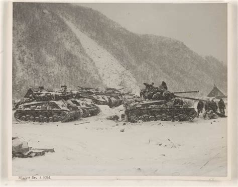 M4 Shermans warming their engines in preparation to move. Chosin Reservoir, Korean War. Sherman ...