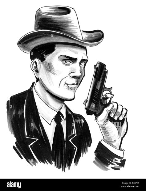 American gangster with a gun. Ink black and white drawing Stock Photo - Alamy