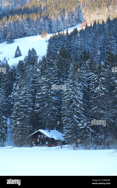 alpine winter landscape with cabin and snow Stock Photo - Alamy