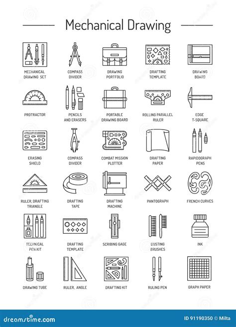 Drafting Tools Icon Collection. Technical Drawing Stock Vector - Illustration of brush, drawing ...