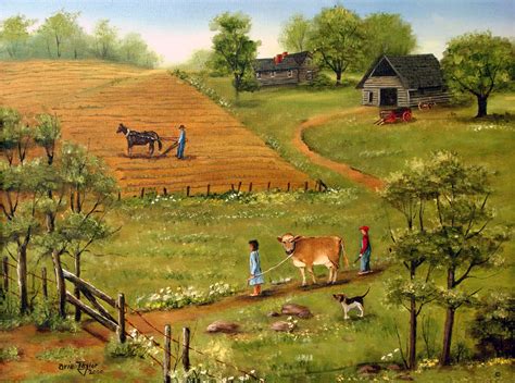 Folk Art Print Landscape Farm Art Barb Wire Hound Dog Farm