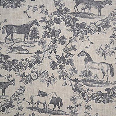 100% Linen Fabric Equestrian Horse Print 'The Noble Horse' in Traditional Toile De Jouy Style ...