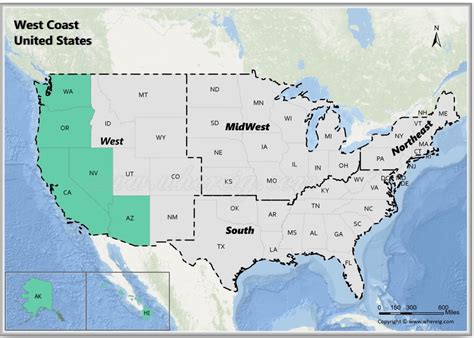 Map of USA West Coast States, USA Region