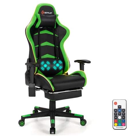 Costway Massage Upholstery Gaming Chair Computer Office Chair with LED Lights and Footrest Green ...