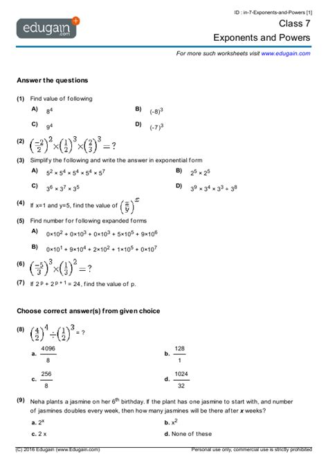 Class 7 - Exponents and Powers | Math Practice, Questions, Tests ...