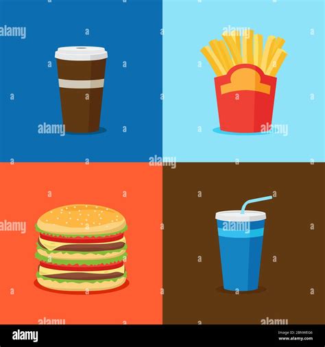 FastFood Junk Food Cartoon Icons. Burger and cola, french fries and coffee cup vector ...