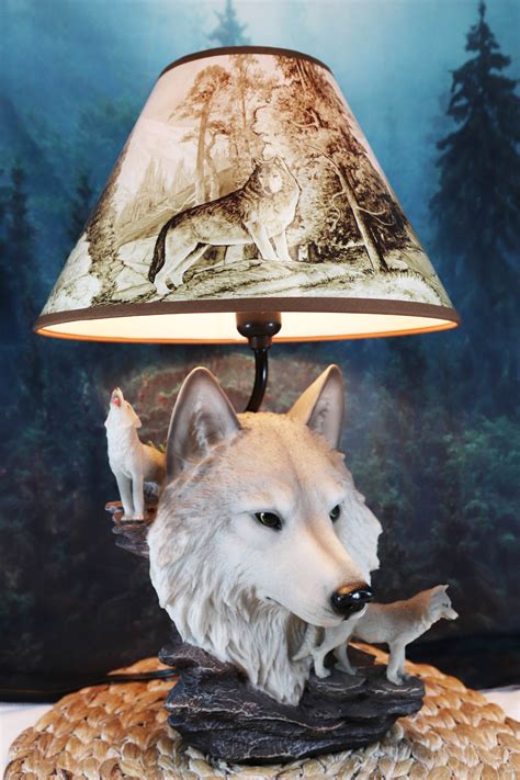 Gray Wolf Table Lamp Decor Wildlife Full Moon Howling Timber Wolf Pack ...