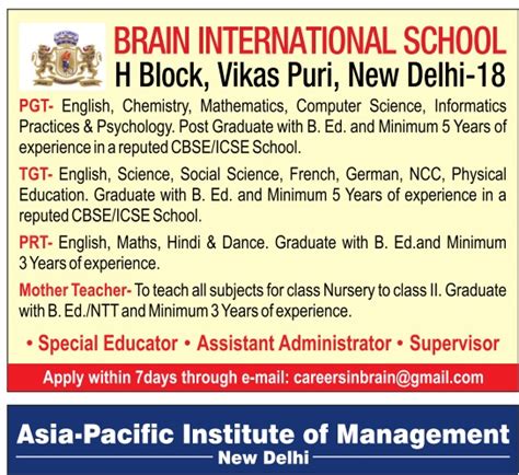 Brain International School, New Delhi Wanted PGT/TGT/PRT | FacultyPlus