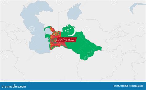 Turkmenistan Map Highlighted in Turkmenistan Flag Colors and Pin of ...