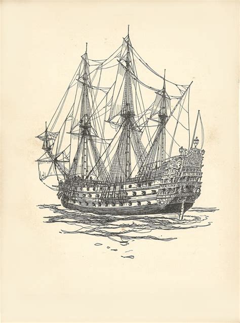 A Late 17th Century French Ship of the First Rate , 7" x 11" print on paper. From The Book of ...