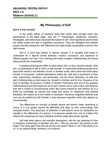 Philosophy of Self - ABLANZAR, CRYSTAL FAITH P. BSCE 1-A Midterm (Activity 1) My Philosophy of ...