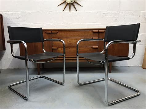 2 x Retro Style Italian Black Faux Leather & Chrome Chairs Bauhaus Style – Pavement Vintage