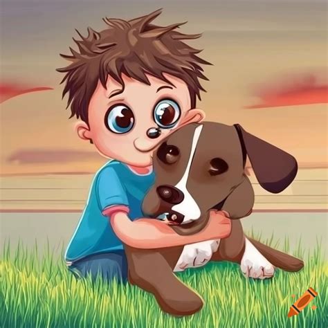 Cute cartoon boy and his dog