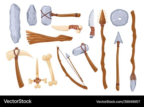 Set primal stone age tools and weapon isolated Vector Image