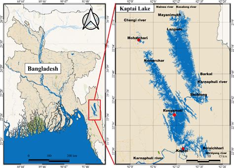 Map of the Kaptai Lake (map was made with QGIS 3.22 software and WGS84 ...