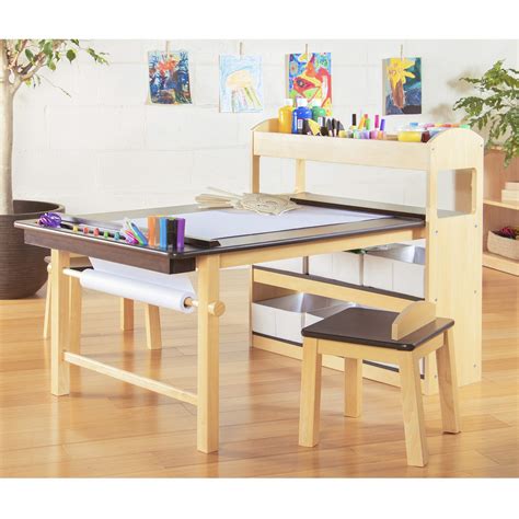 Guidecraft Deluxe Art Center: Drawing and Painting Table for Kids, W/ Two Stools, Craft Supplies ...