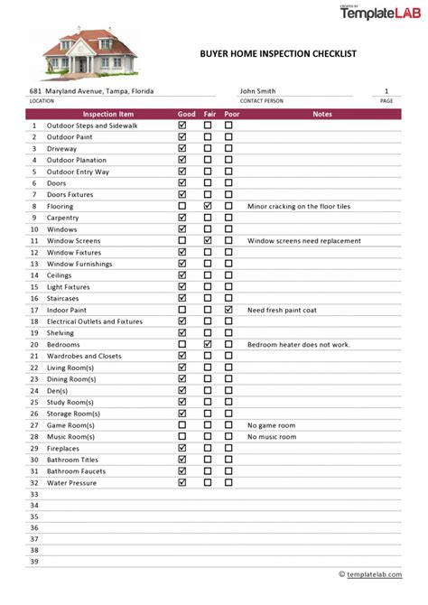 Printable 20 Printable Home Inspection Checklists Word Pdf ᐅ Home Buyer Checklist Template ...