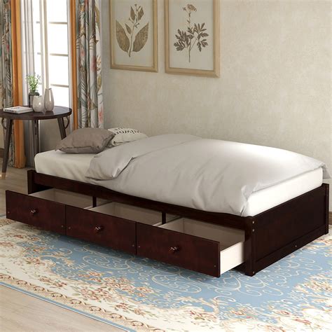 Orisfur Twin Size Wooden Platform Bed Frame with 3 Drawers Cherry