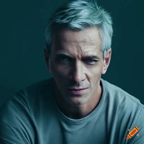 Stylish grey-haired man in grey t-shirt on Craiyon