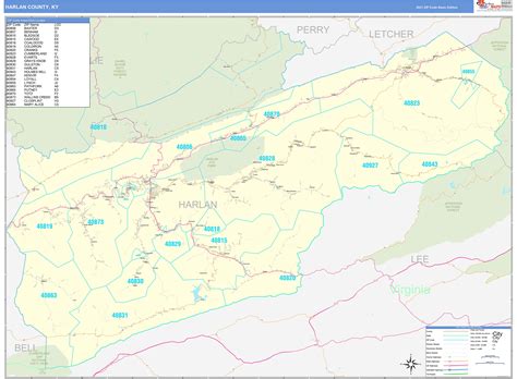 Harlan County, KY Zip Code Wall Map Basic Style by MarketMAPS - MapSales.com