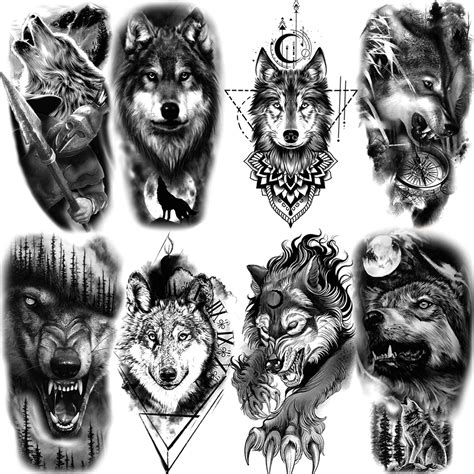 Black-Geometric-Wolf-Moon-Temporary-Tattoos-For-Women-Adult-Men-Warrior ...