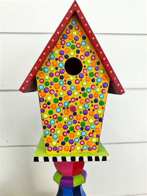 Colorful Painted Birdhouse on Pedestal Stand - Whimsical Bird House - Funky Birdhouse on Base ...