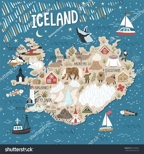 Vector stylized map of Iceland. Travel illustration with Iceland landmarks, people, animals and ...