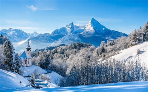 Download wallpapers winter, mountains, snow, church, Alps, Germany, 5k ...