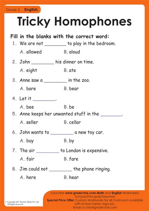 Homophones Worksheets | Grade1to6.com - Worksheets Library