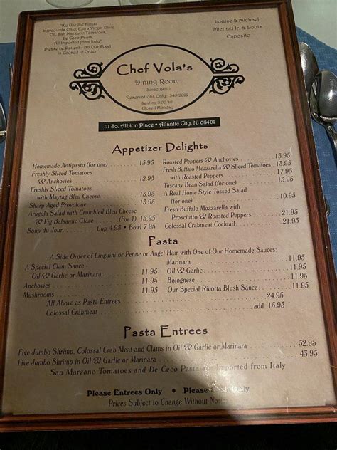 Menu at Chef Vola's restaurant, Atlantic City