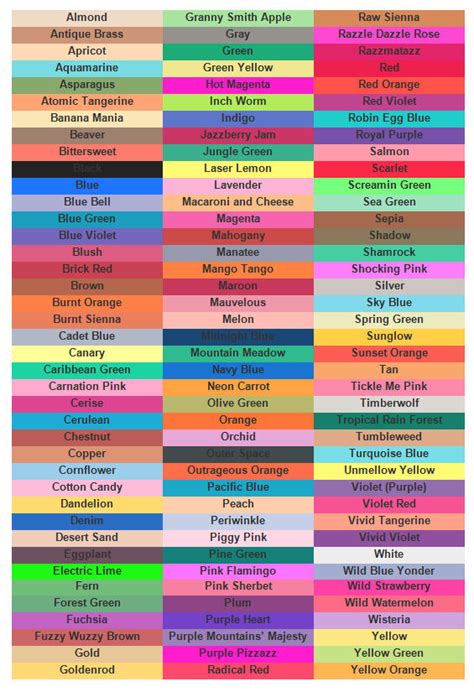 Printable Crayola Color Chart