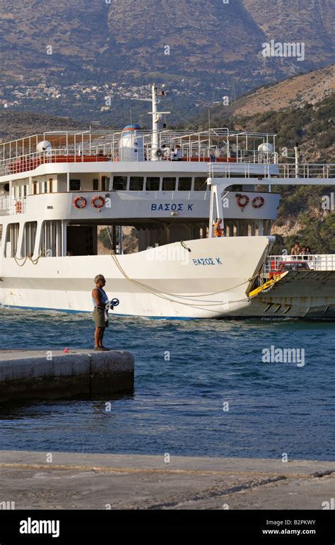 Looking across Argostoli bay with the Lixouri ferry arriving at ...