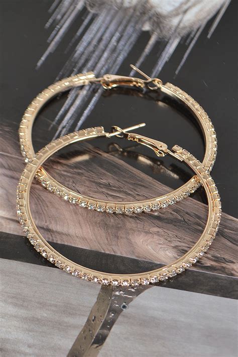 AME2919 GOLD 5CM Double Rhinestone Hoop Earring. - Hoop Earrings