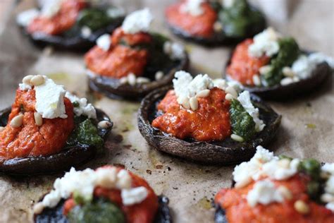 Portabella mushrooms with romesco sauce, fresh pesto and goat’s cheese ...