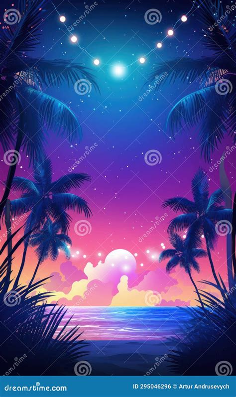 Template for Beach Party Poster or Invitation. Night Party Background with Glowing Lights, Palm ...